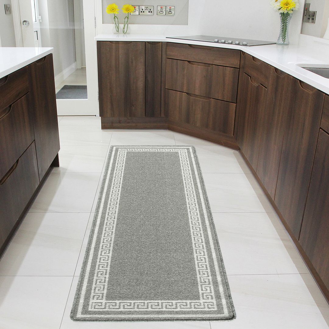 Grey Neutral Bordered Kitchen Hallway Runner Mat Washable Rubber Non